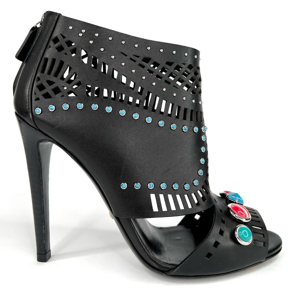 GUCCI LIKA LASER CUT LEATHER STONE STUD EMBELLISHED LOGO ANKLE BOOT SIZE EU 38 - Picture 8 of 11